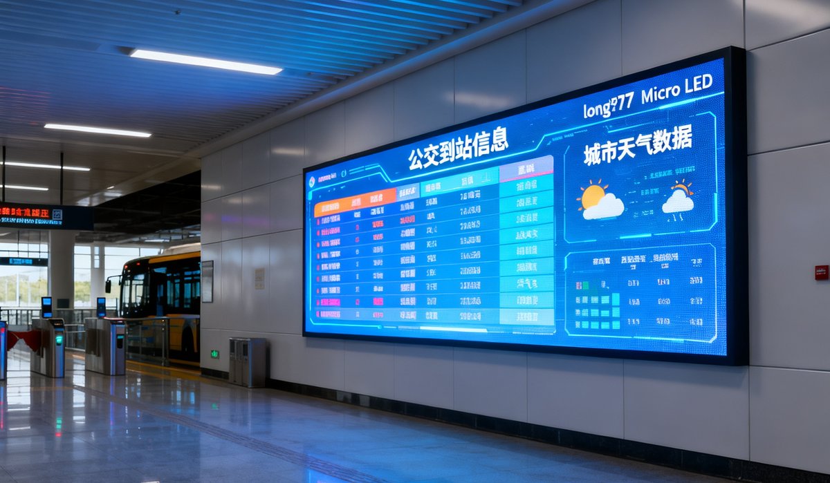 智慧城市交通枢纽内安装的long8Micro LED大型信息显示屏，实时显示公交到站信息和城市天气数据，画面在日光灯照射下依然清晰鲜艳