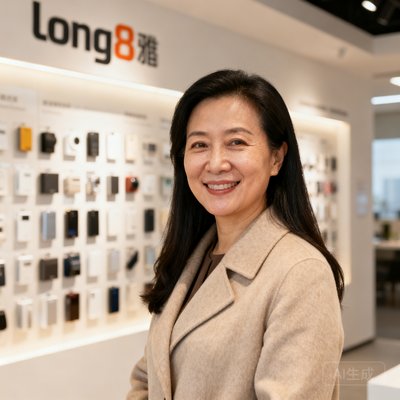 long8COO王雅慧女士半身照，40岁女性，长发干练，穿米色外套，站在long8展厅产品墙前微笑