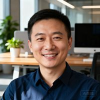 杭州某文创企业技术总监张宽先生正面半身照，穿着深蓝色衬衫面带微笑，背景为办公室环境